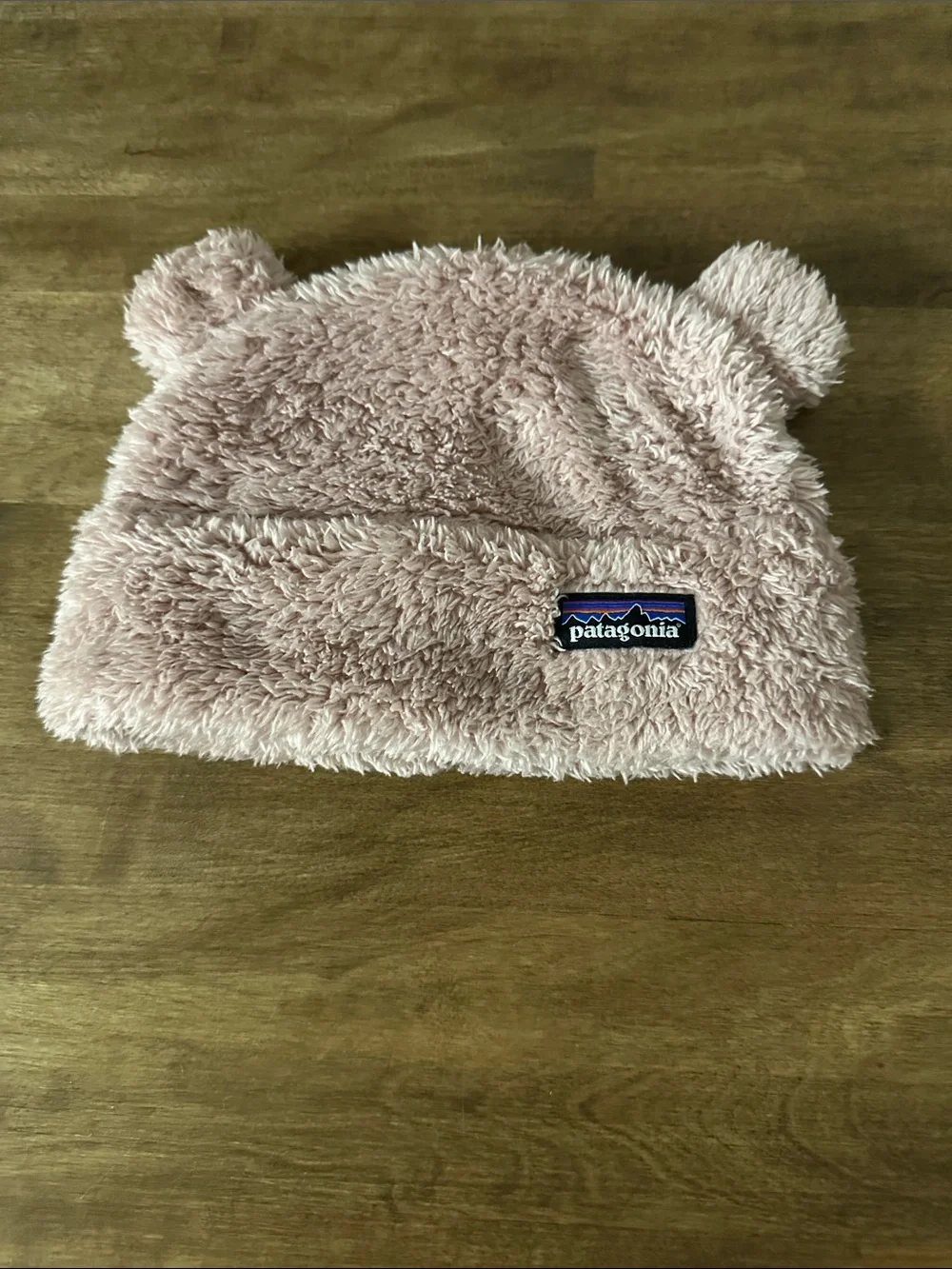 Patagonia Light Pink Fuzzy Beanie with Ear Accents
